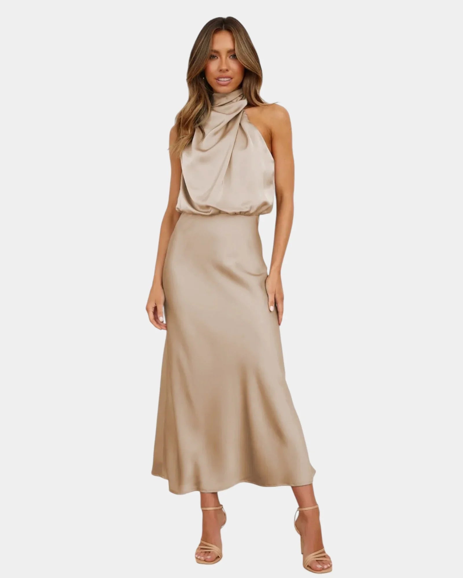 Beige halter-neck draped satin midi dress with cowl neckline