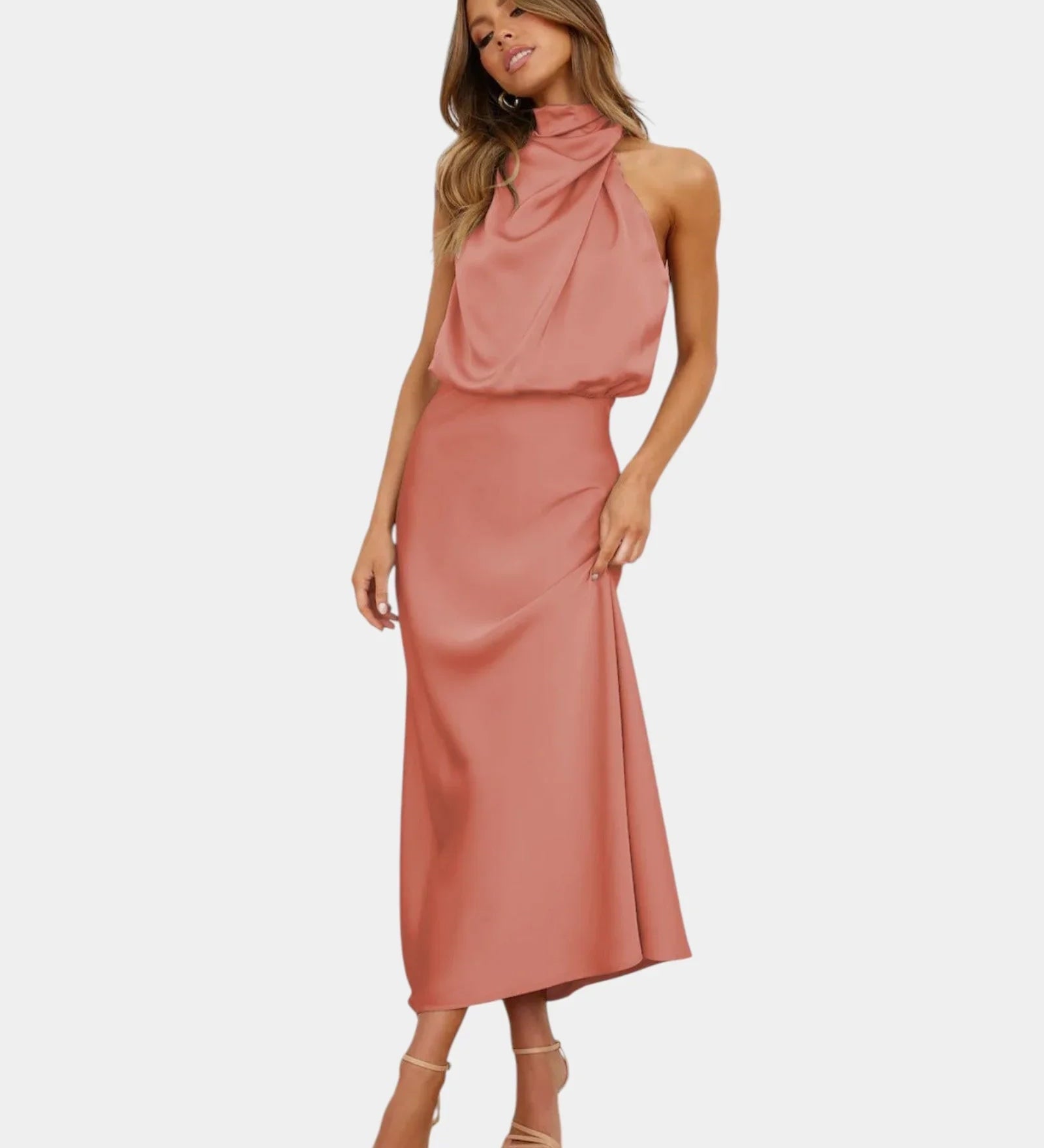 Pink halter-neck draped satin midi dress with side slit