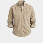 Mens casual button-front shirt in sand-beige, long sleeves, chest pocket