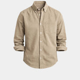 Mens casual button-front shirt in sand-beige, long sleeves, chest pocket