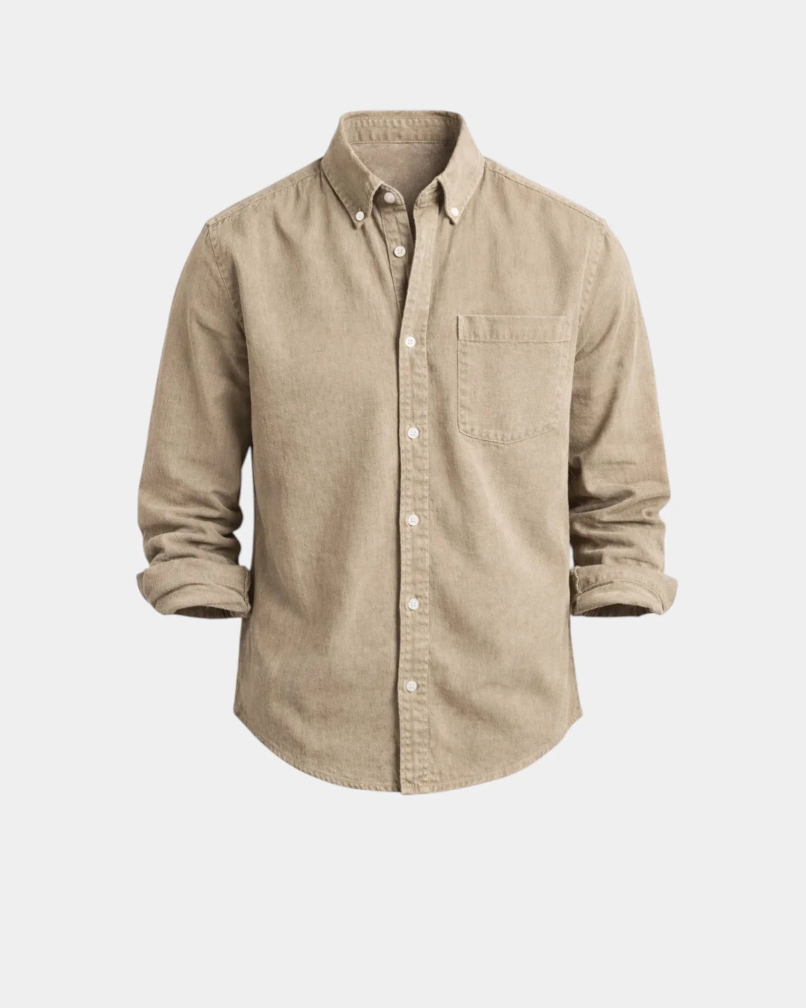 Mens casual button-front shirt in sand-beige, long sleeves, chest pocket