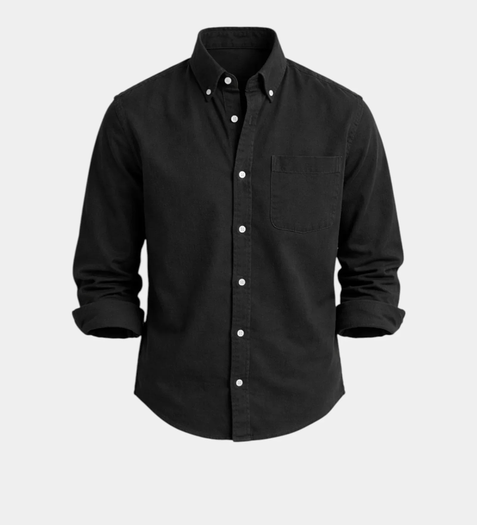 Black casual button-up shirt with button front and chest pocket