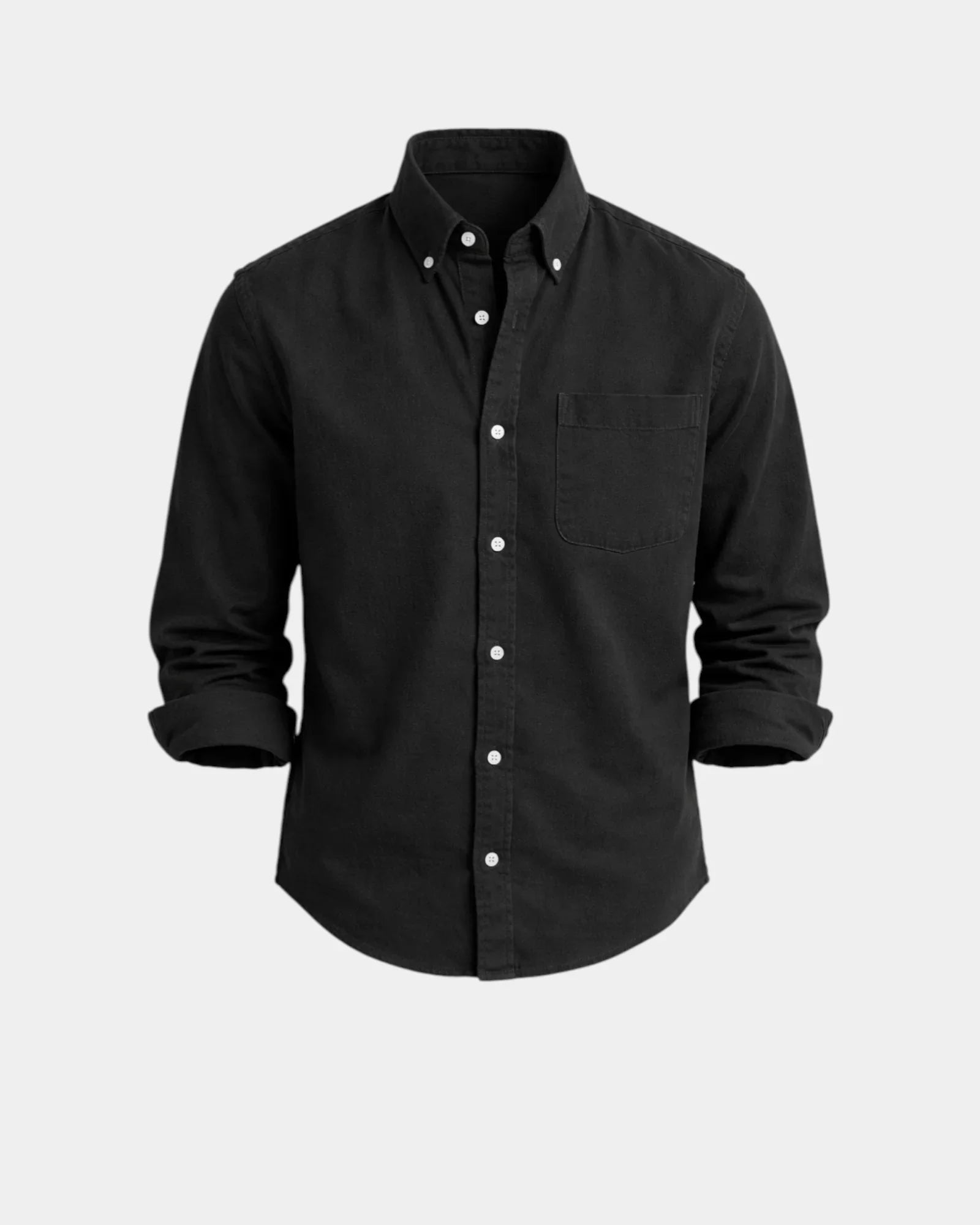 Black casual button-up shirt with button front and chest pocket